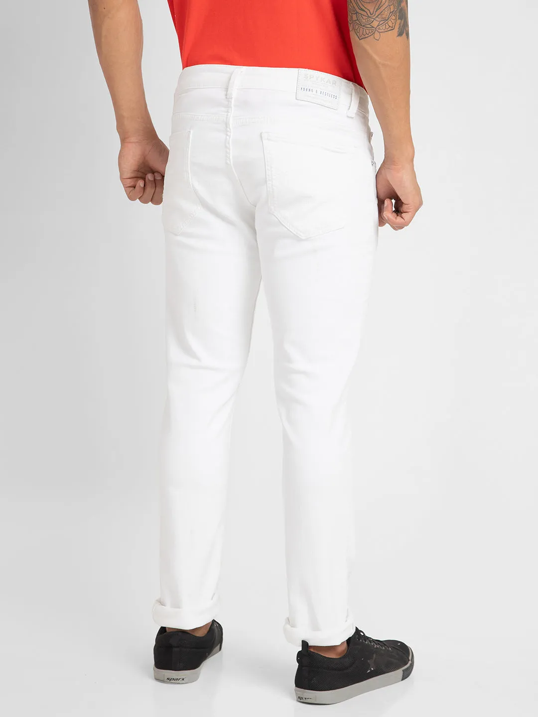 Spykar Men White Cotton Slim Fit Narrow Length Jeans (Skinny)