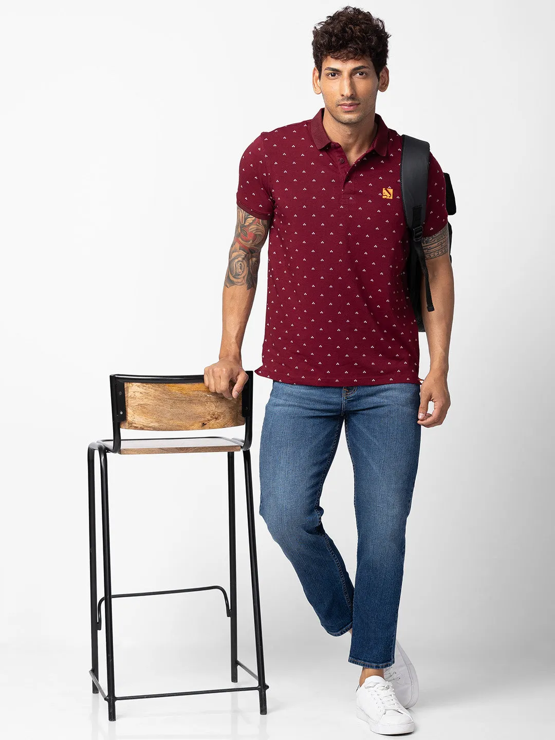 Spykar Men Wine Cotton Regular Fit Half Sleeve Plain Polo T-Shirt