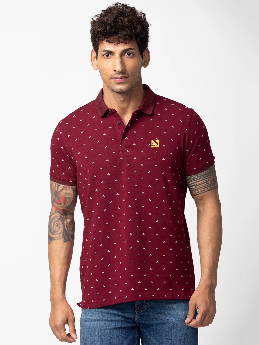 Spykar Men Wine Cotton Regular Fit Half Sleeve Plain Polo T-Shirt