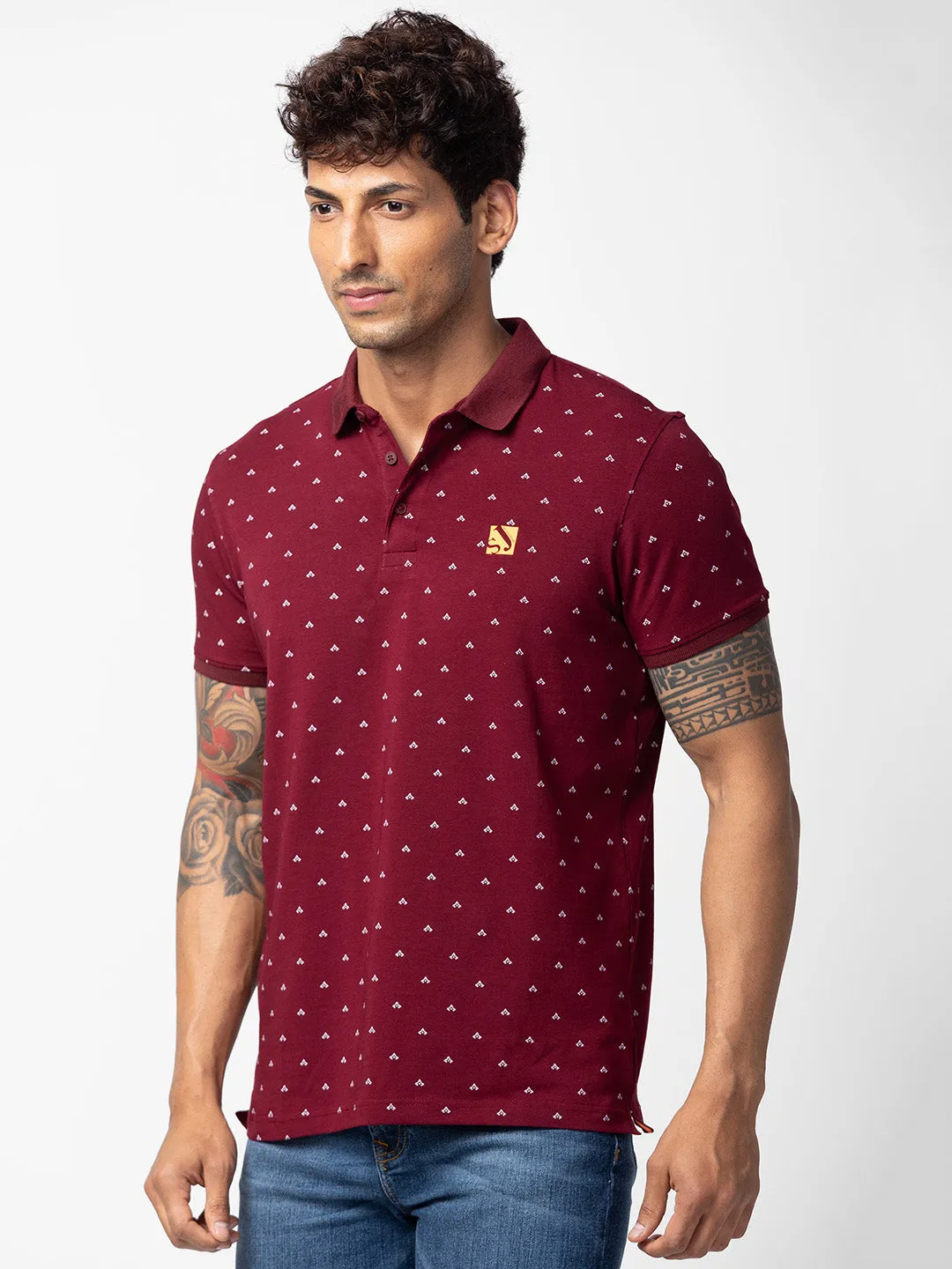 Spykar Men Wine Cotton Regular Fit Half Sleeve Plain Polo T-Shirt