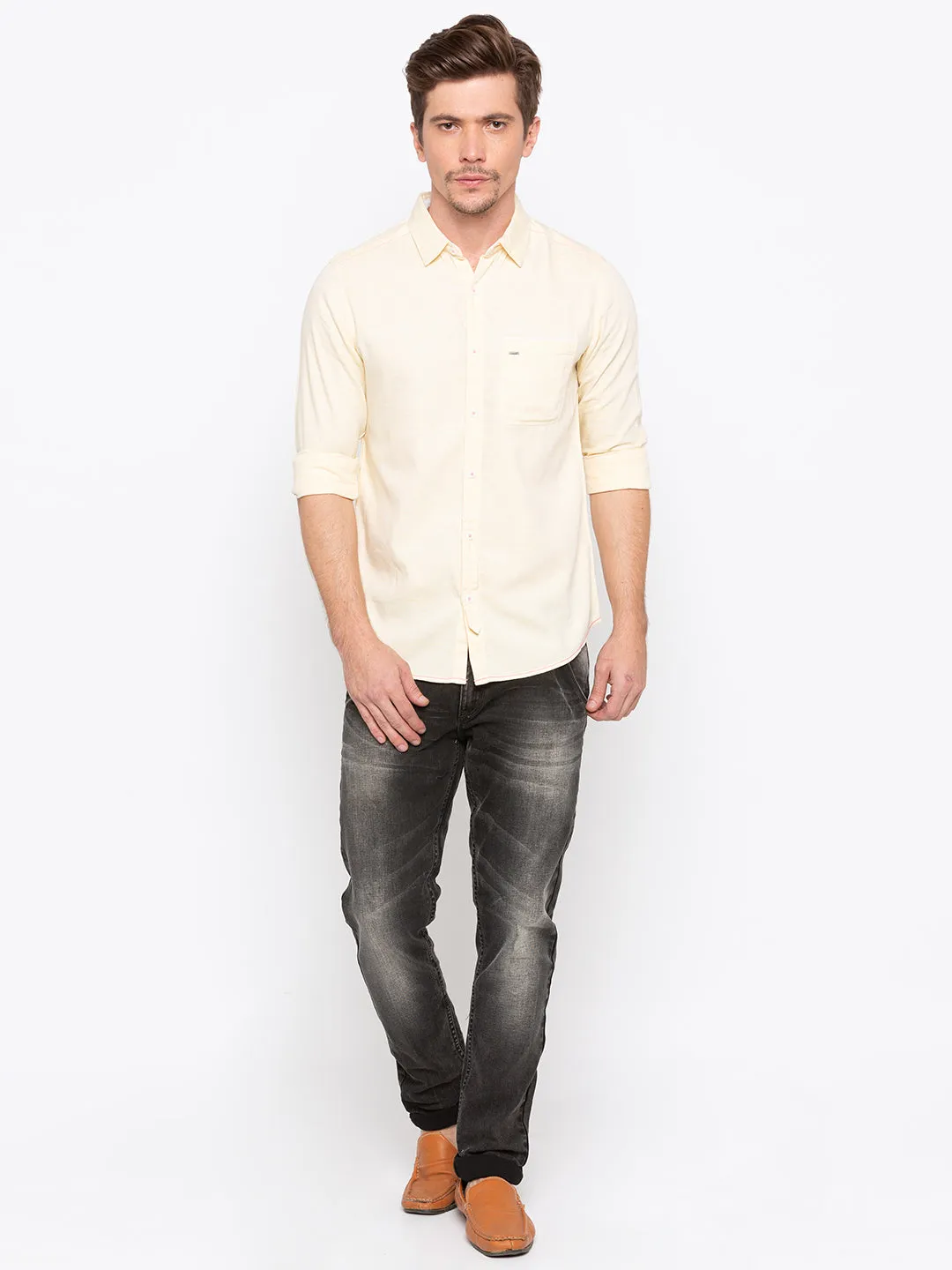 Spykar Men Yellow Cotton Slim Fit Casual Shirts