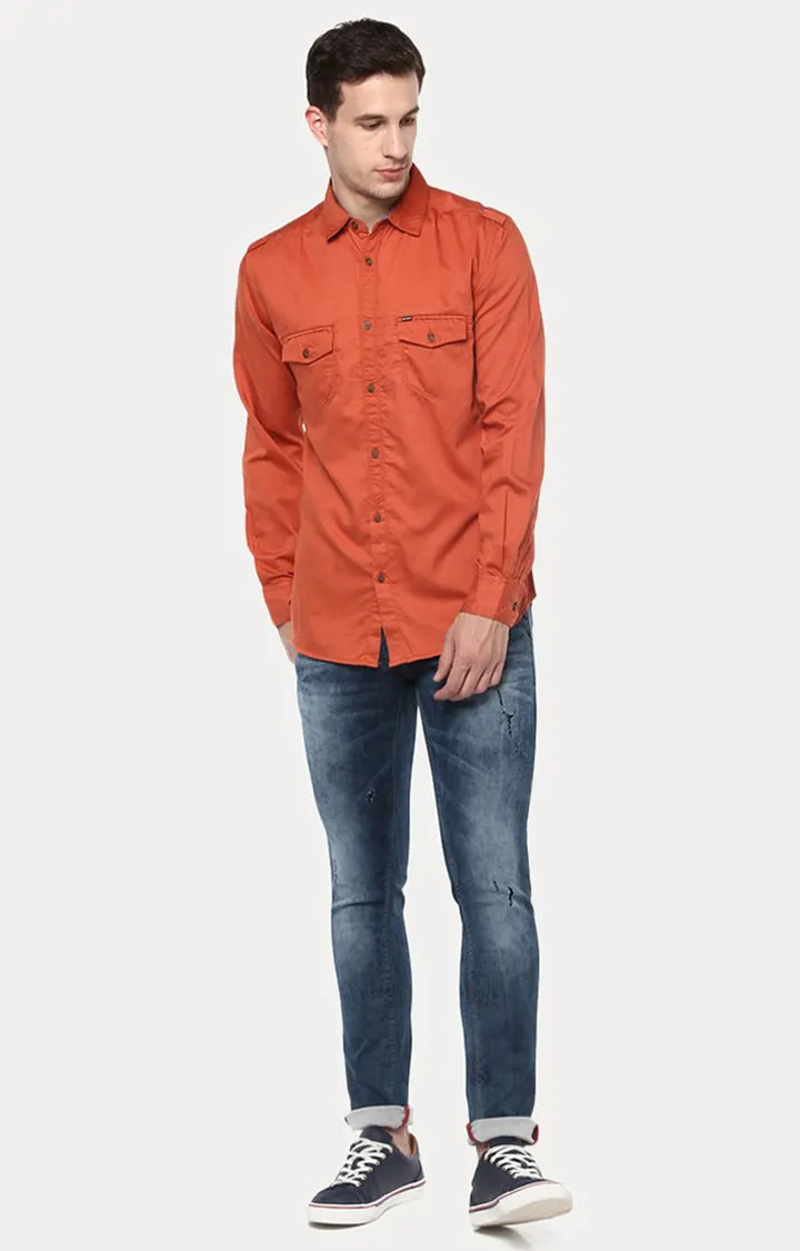 Spykar Men'S Orange Cotton Solid Casual Shirts