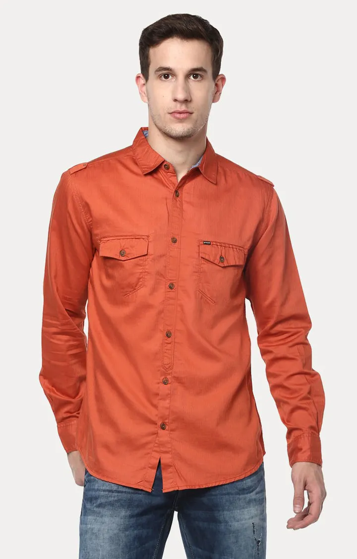 Spykar Men'S Orange Cotton Solid Casual Shirts