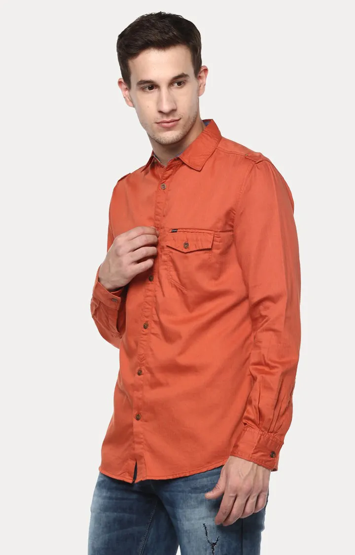 Spykar Men'S Orange Cotton Solid Casual Shirts