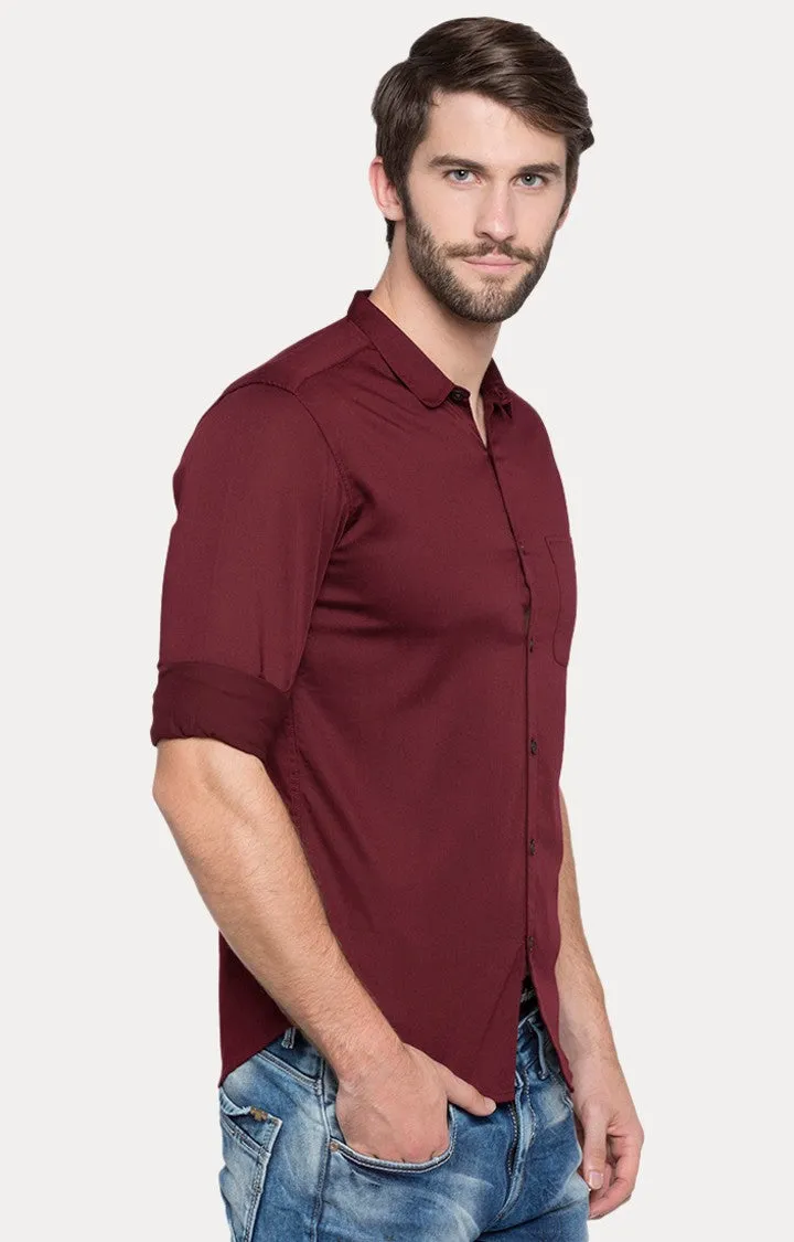 Spykar Men'S Red Satin Solid Casual Shirts