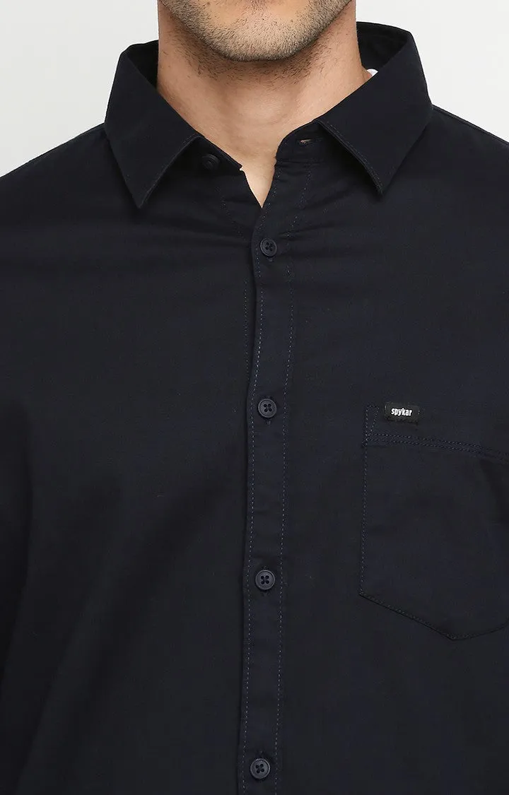 Spykar Navy Cotton Full Sleeve Plain Shirt For Men