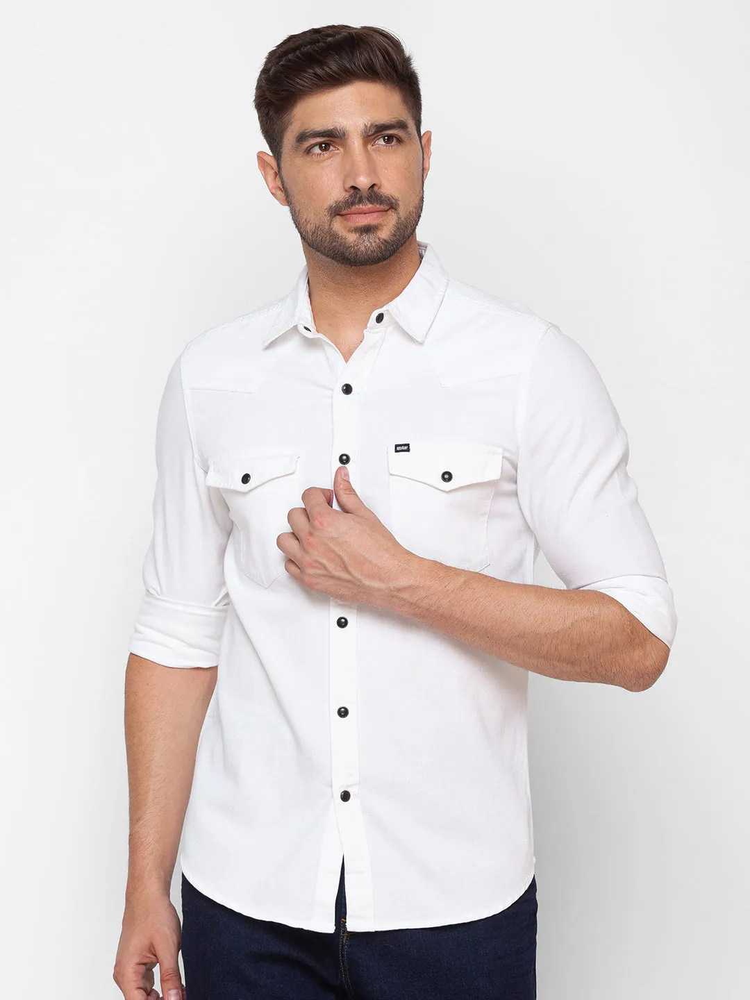 Spykar Pearl White Cotton Full Sleeve Denim Shirt For Men