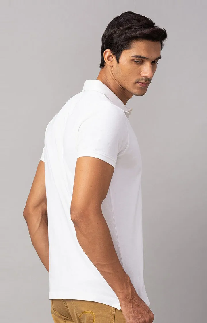 Spykar White Cotton Slim Fit Polo T-Shirt For Men