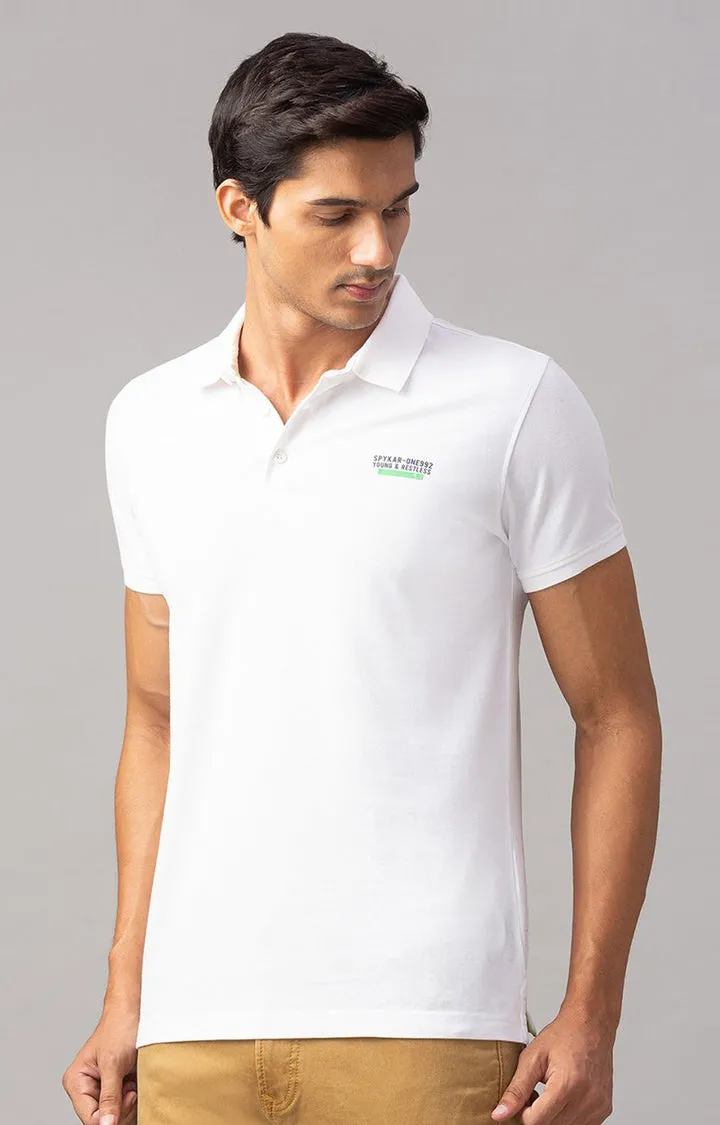 Spykar White Cotton Slim Fit Polo T-Shirt For Men