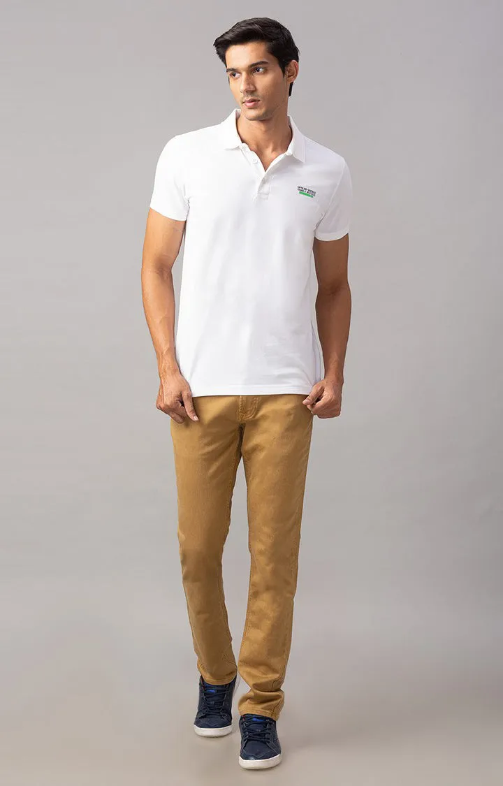 Spykar White Cotton Slim Fit Polo T-Shirt For Men