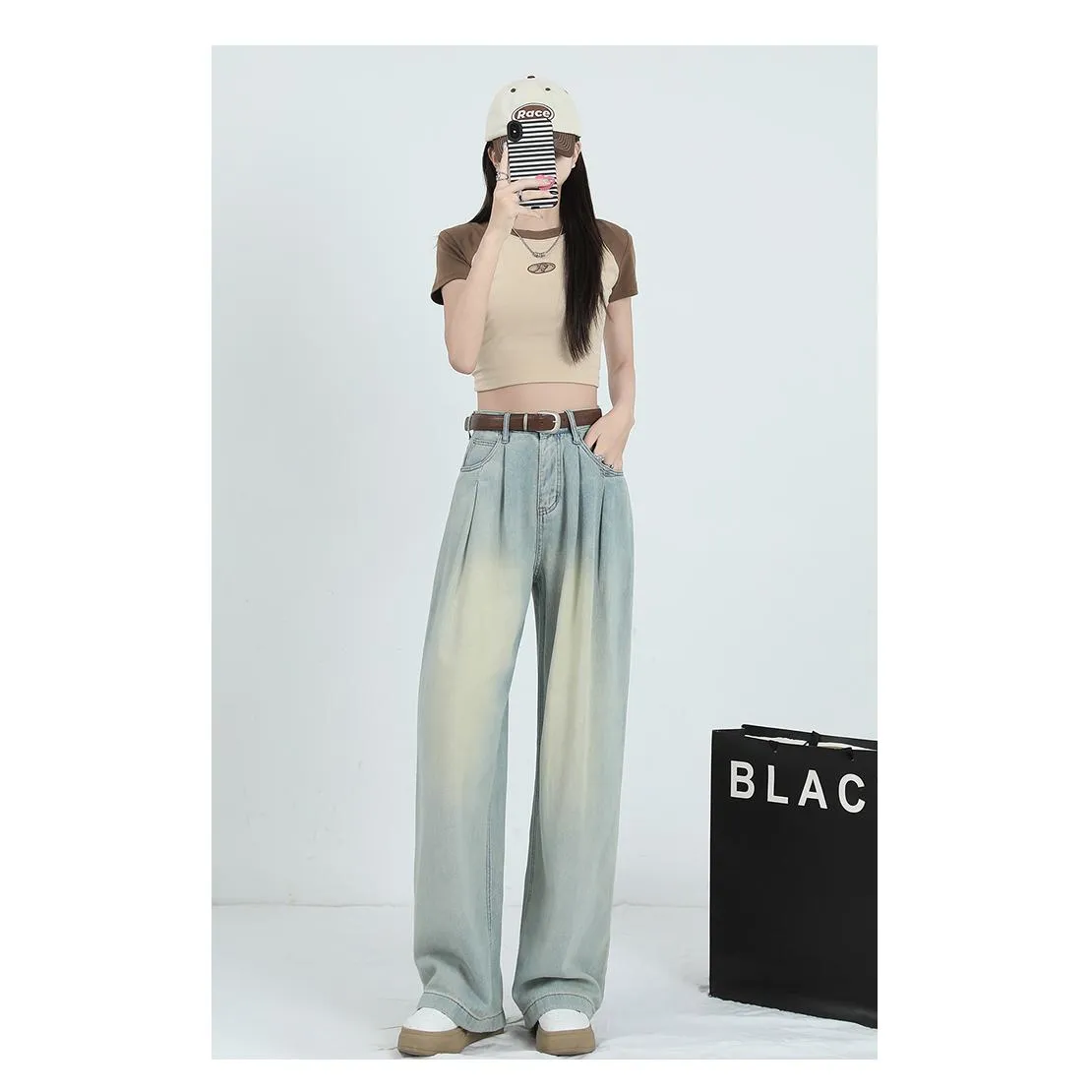 Straight Leg High-Waisted Pleated Retro Loose Fit Jeans