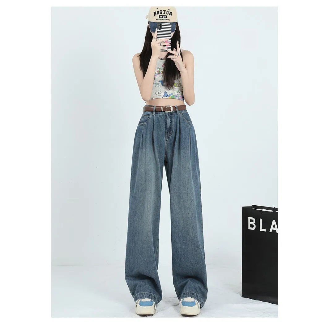 Straight Leg High-Waisted Pleated Retro Loose Fit Jeans