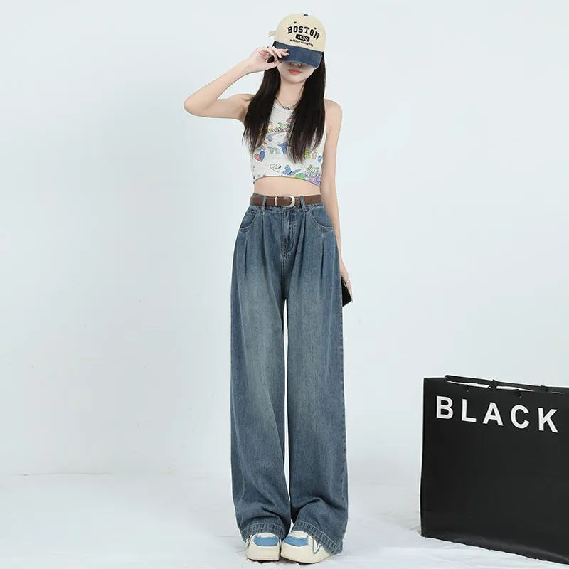 Straight Leg High-Waisted Pleated Retro Loose Fit Jeans