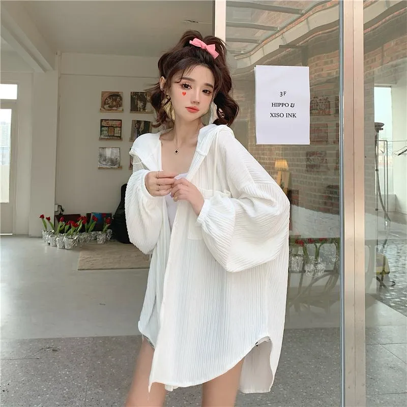 Sun Protection Hooded Versatile Outerwear Loose Fit Shirt