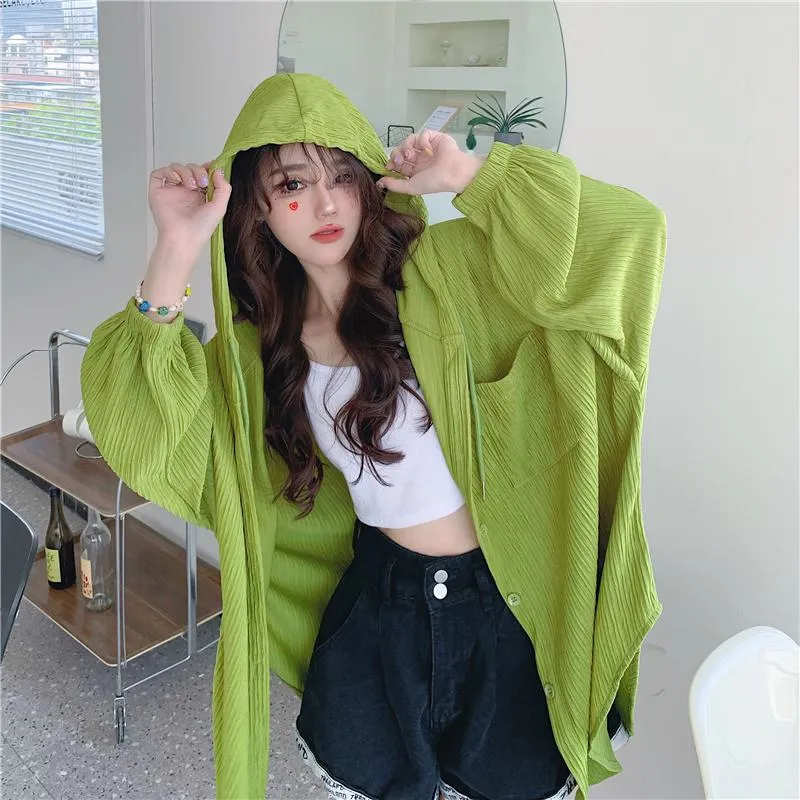 Sun Protection Hooded Versatile Outerwear Loose Fit Shirt