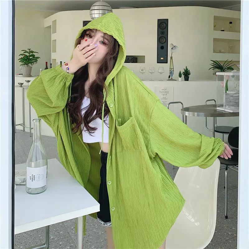 Sun Protection Hooded Versatile Outerwear Loose Fit Shirt