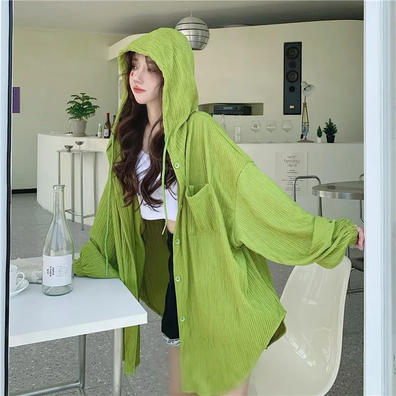 Sun Protection Hooded Versatile Outerwear Loose Fit Shirt