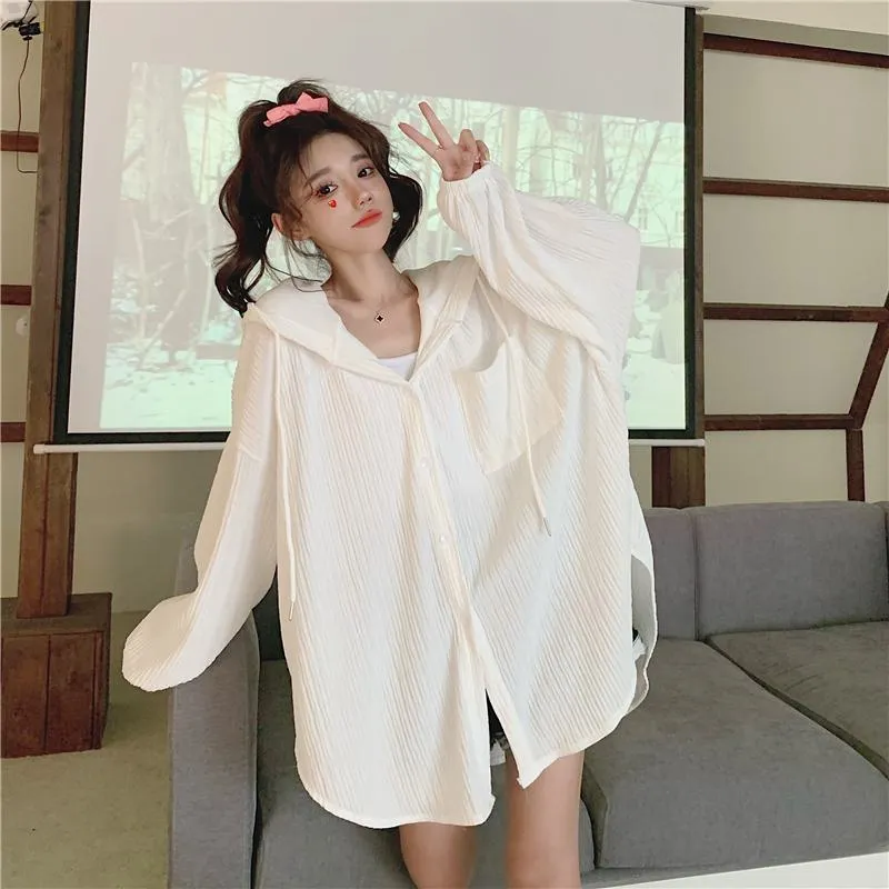 Sun Protection Hooded Versatile Outerwear Loose Fit Shirt