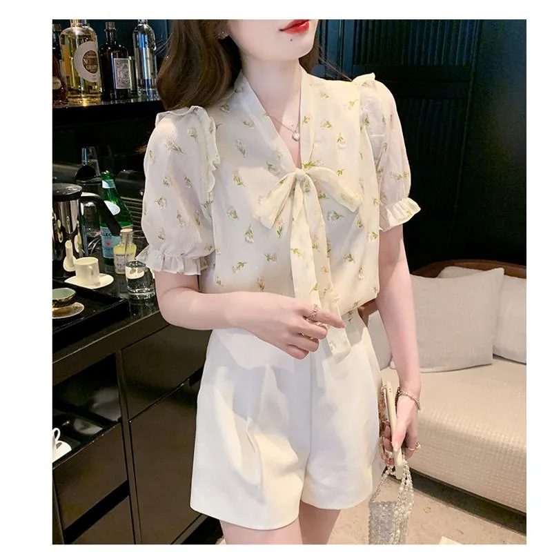 Tie-Up Floral Print Ruffle Trim Gentle Chiffon Bow Tie Blouse