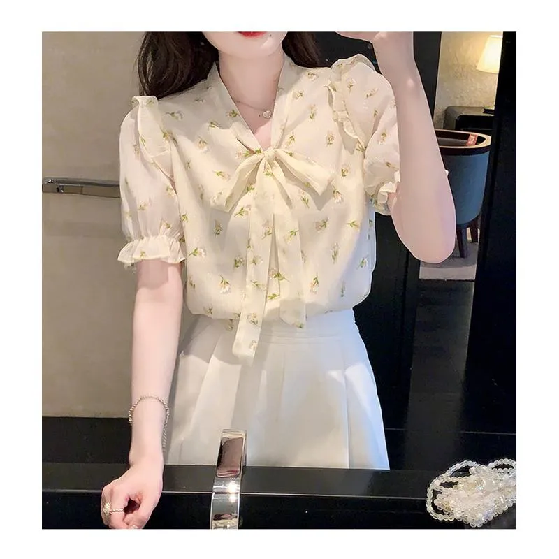 Tie-Up Floral Print Ruffle Trim Gentle Chiffon Bow Tie Blouse