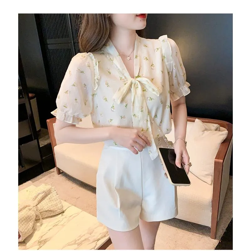 Tie-Up Floral Print Ruffle Trim Gentle Chiffon Bow Tie Blouse