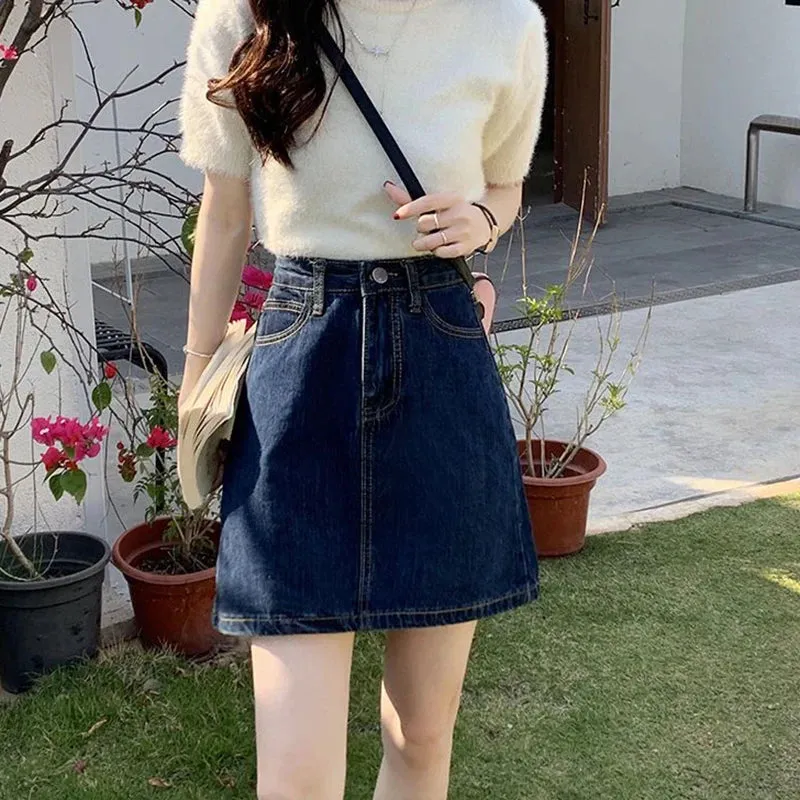 Toleet-Korean Style Denim Mini Skirts for Women Summer 2023 Dark Blue Short A Line Skirt Woman Jeans High Waist Skirts Female