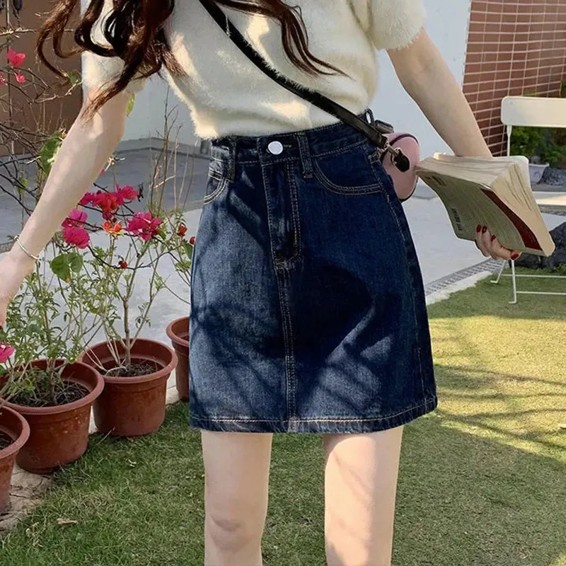 Toleet-Korean Style Denim Mini Skirts for Women Summer 2023 Dark Blue Short A Line Skirt Woman Jeans High Waist Skirts Female