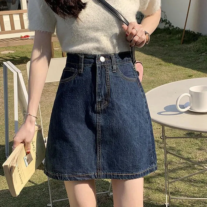 Toleet-Korean Style Denim Mini Skirts for Women Summer 2023 Dark Blue Short A Line Skirt Woman Jeans High Waist Skirts Female