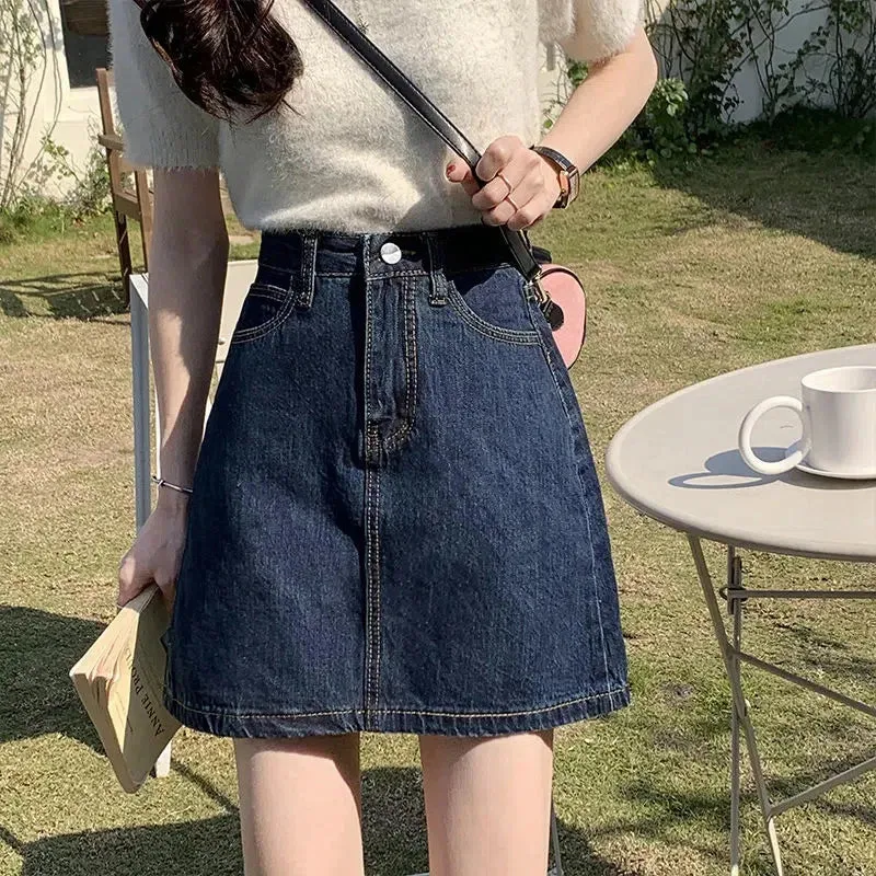 Toleet-Korean Style Denim Mini Skirts for Women Summer 2023 Dark Blue Short A Line Skirt Woman Jeans High Waist Skirts Female