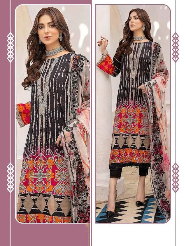 Unstitched Black Pakistani Style Lawn Cotton Dress Material