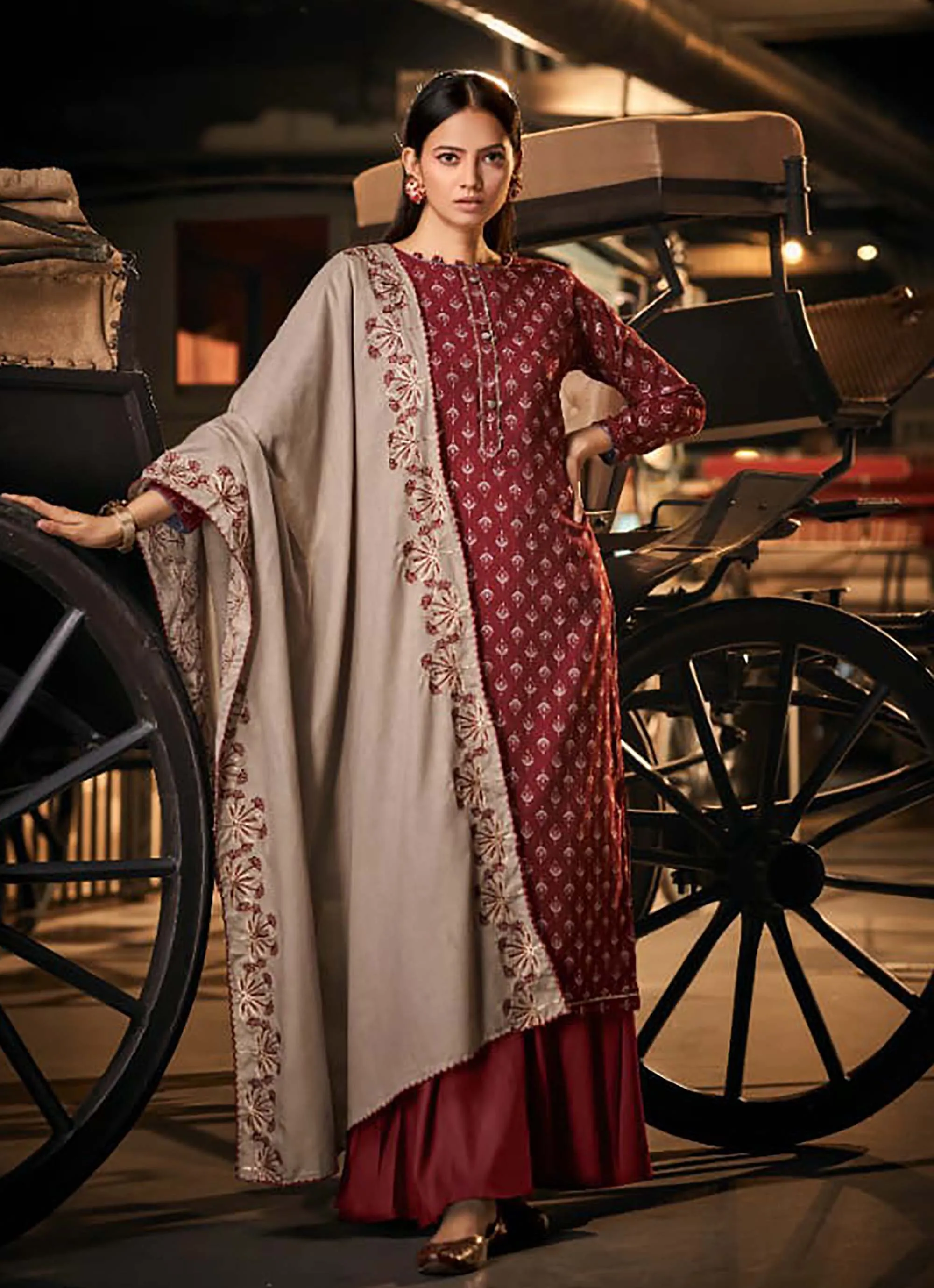 Unstitched Cotton Maroon Salwar Suit with Lace Dupatta