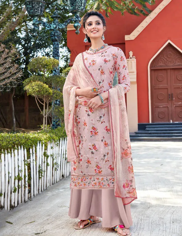 Unstitched Floral Printed Ladies Light Pink Cotton suits with dupatta