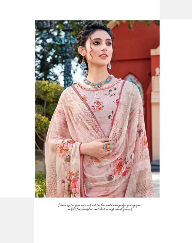 Unstitched Floral Printed Ladies Light Pink Cotton suits with dupatta