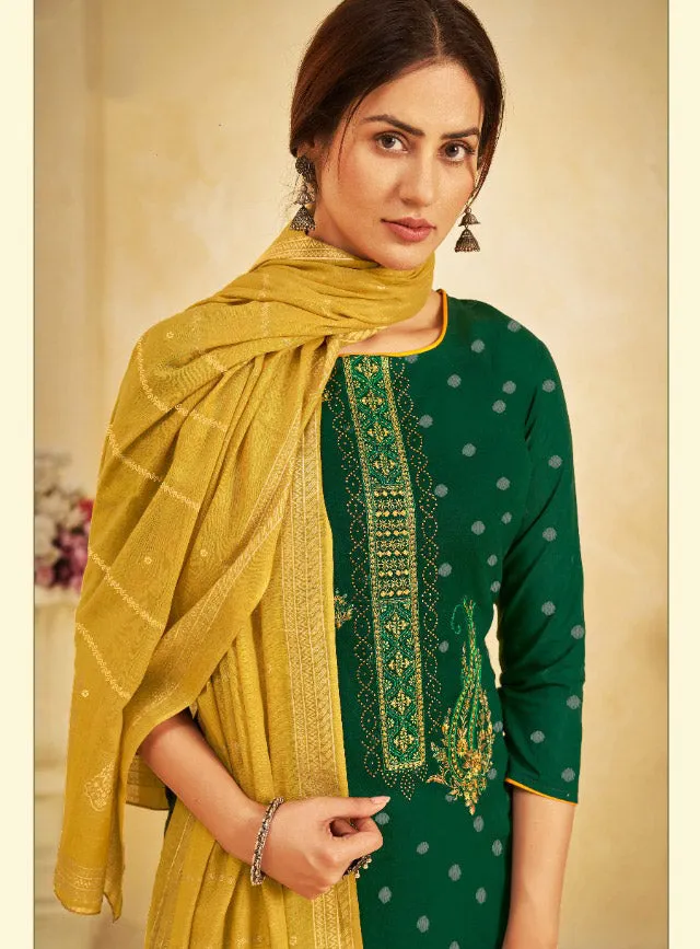 Unstitched Lawn Green Cotton Pant Style Suit Dress Material With Dupatta