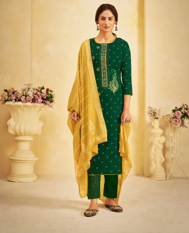 Unstitched Lawn Green Cotton Pant Style Suit Dress Material With Dupatta