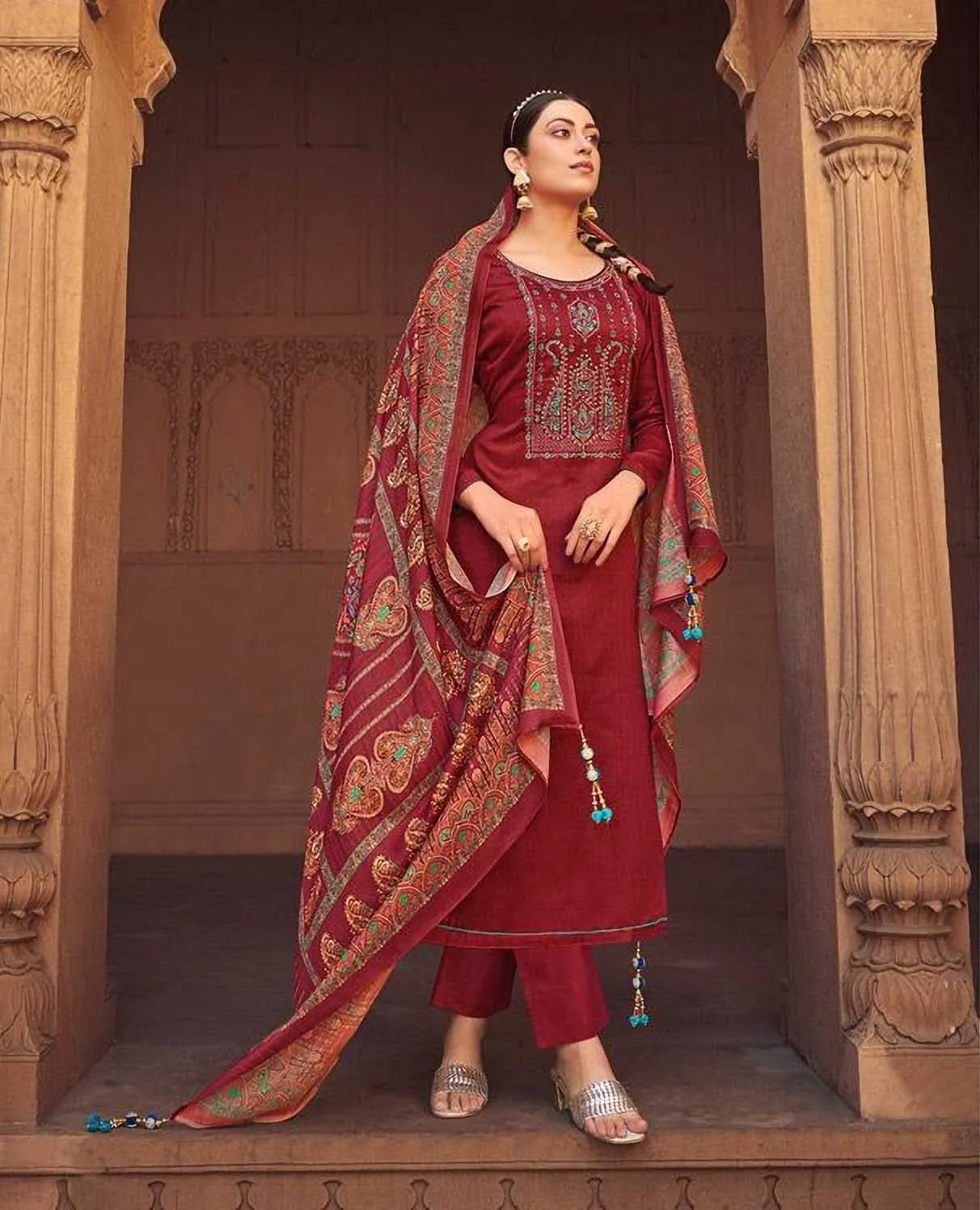 Unstitched Maroon Jam Satin Printed Dress Material With Embroidery