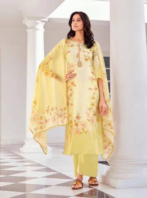 Unstitched Printed Embroidery Yellow salwar suit Dress Material