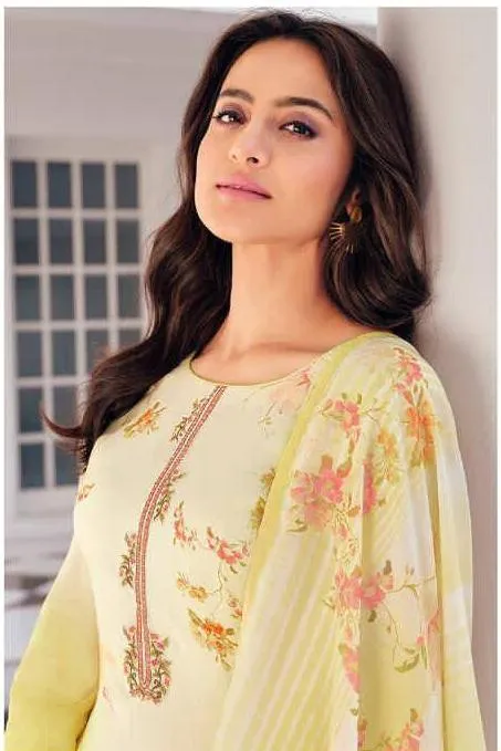 Unstitched Printed Embroidery Yellow salwar suit Dress Material