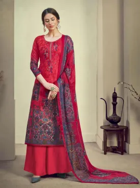 Unstitched Red Cotton Embroidery Suits Dress Materials