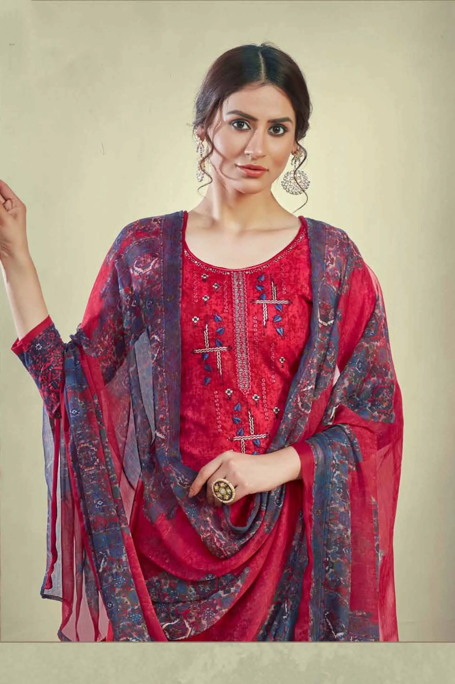 Unstitched Red Cotton Embroidery Suits Dress Materials