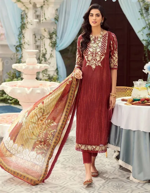 Unstitched Red Cotton Pakistani Style Suits Dress Material