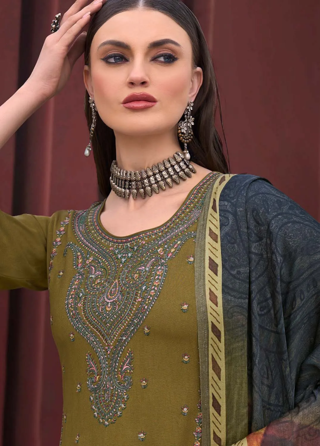 Unstitched Woolen Pashmina Winter Suit Dress Material with Embroidery