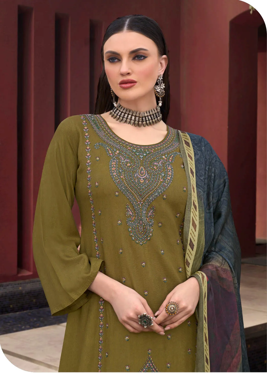 Unstitched Woolen Pashmina Winter Suit Dress Material with Embroidery