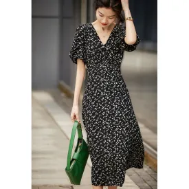 V-Neck Floral Print Bubble Sleeve French Style Dress