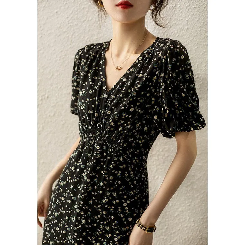 V-Neck Floral Print Bubble Sleeve French Style Dress