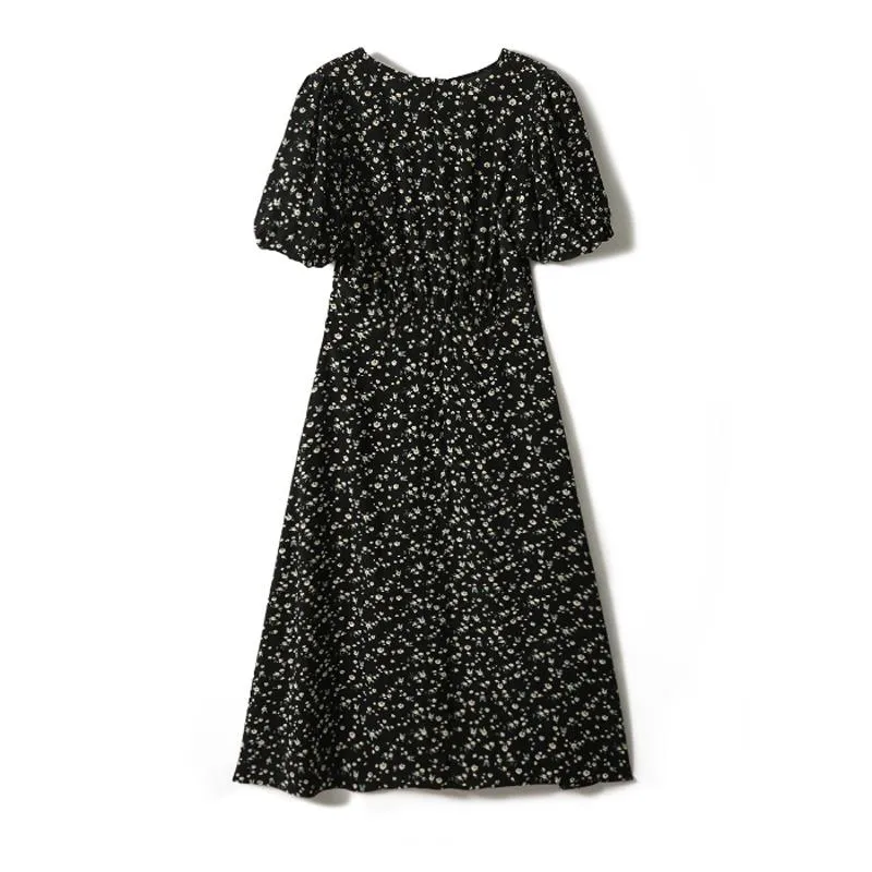 V-Neck Floral Print Bubble Sleeve French Style Dress