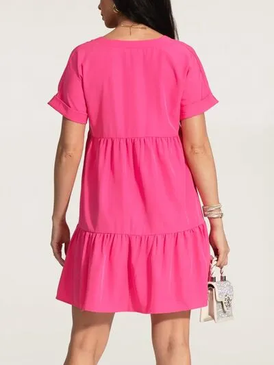 V-Neck Short Sleeve Ruffle Hem Dress