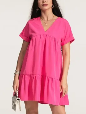 V-Neck Short Sleeve Ruffle Hem Dress