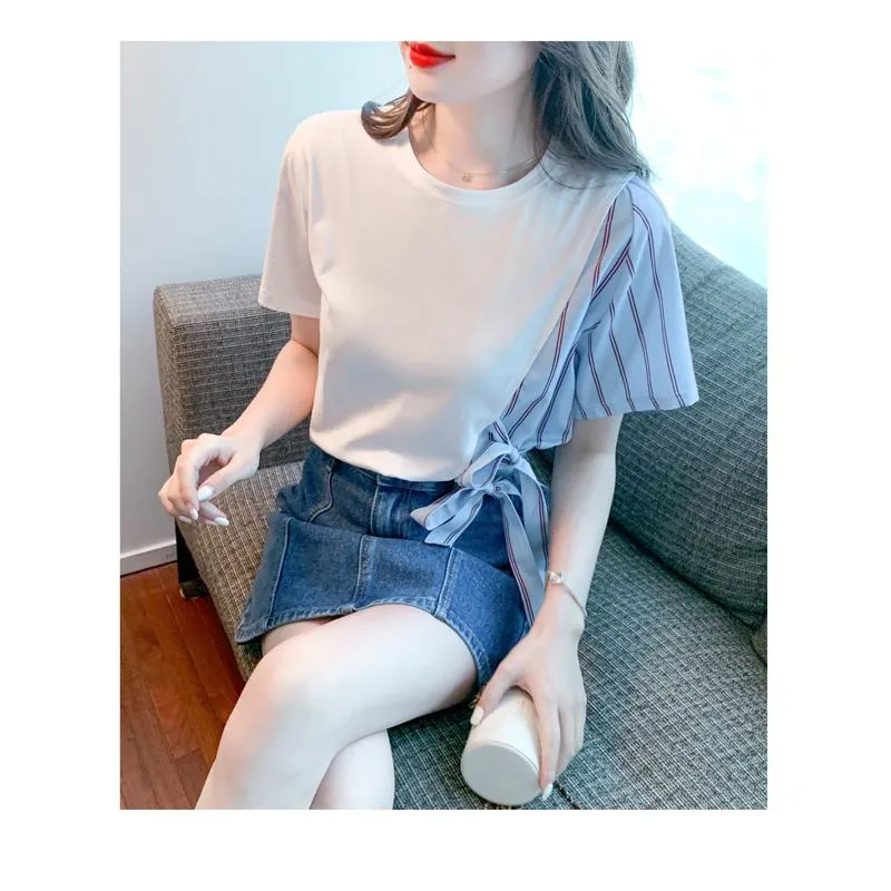 Versatile White Stripe Irregular Patchwork Blouse