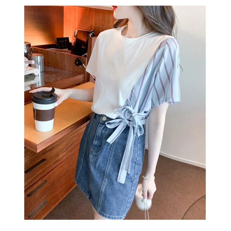 Versatile White Stripe Irregular Patchwork Blouse